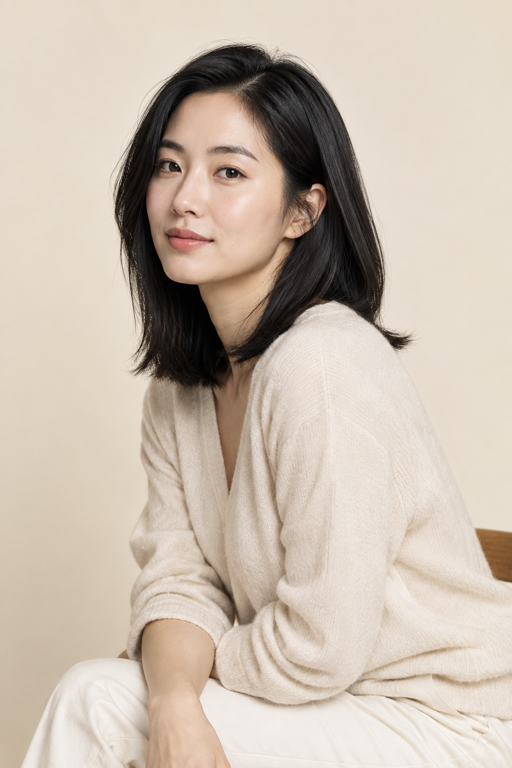 Seated woman with a sleek black bob